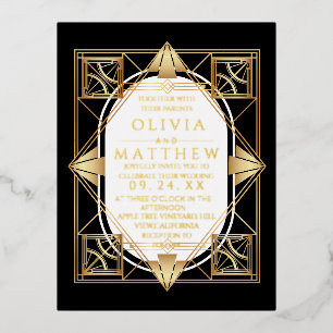 Foil Art Deco Modern Black and Gold Wedding Foil Invitation Postcard