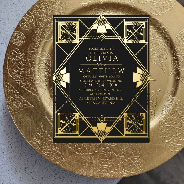 Foil Art Deco Modern Black Wedding Invitation (Creator Uploaded)