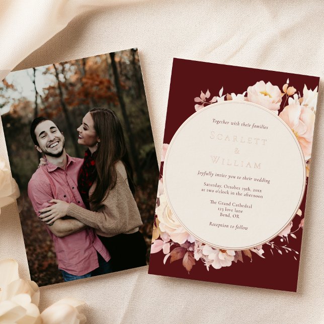 FOIL Autumn Floral Burgundy Cream Photo Wedding (Creator Uploaded)