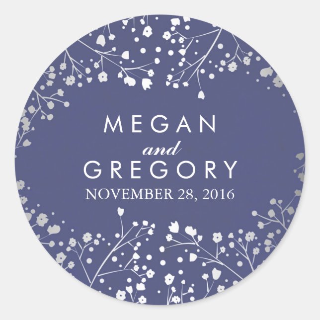 Foil Baby's Breath Navy and Silver Wedding Classic Round Sticker (Front)