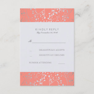 Foil Baby's Breath Silver Coral Wedding RSVP Cards