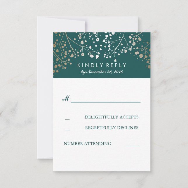 Foil Baby's Breath Teal Wedding RSVP Cards (Front)