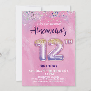 Foil Balloon 12th Birthday Invitation
