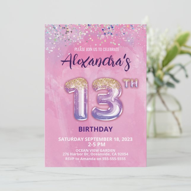 Foil Balloon 13th Birthday Invitation (Standing Front)