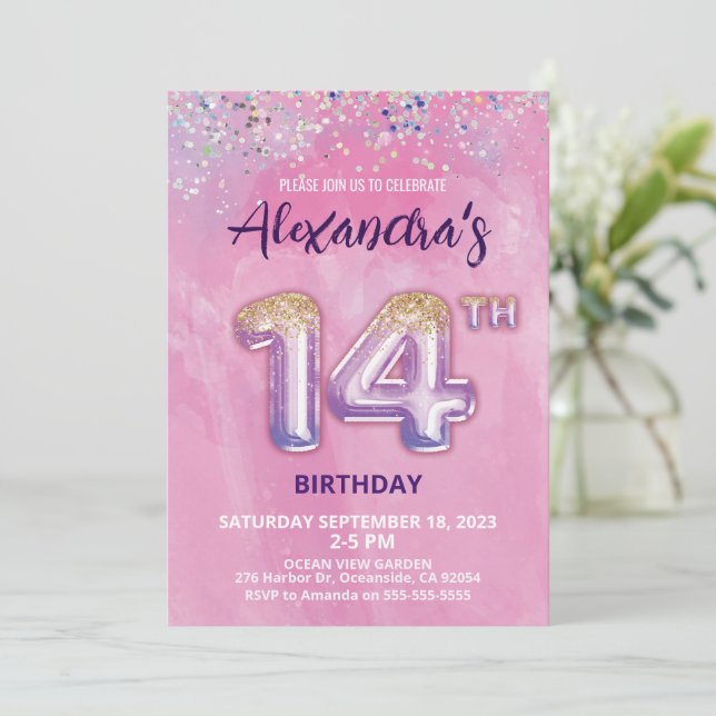 Foil Balloon 14th Birthday Invitation (Standing Front)