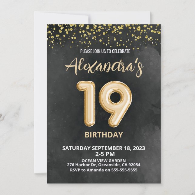Foil Balloon 19th Birthday Invitation (Front)