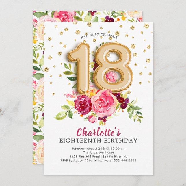 Foil Balloon Floral 18TH Birthday Invitation (Front/Back)