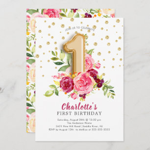 Foil Balloon Floral 1st Birthday Invitation