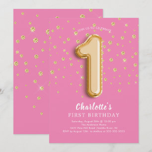 Foil Balloon Floral 1st Birthday Invitation