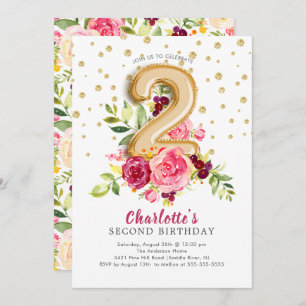 Foil Balloon Floral 2nd Birthday Invitation