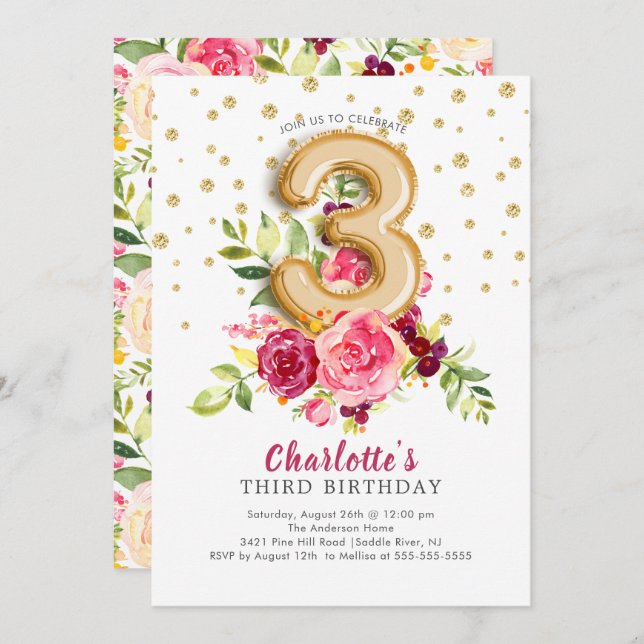 Foil Balloon Floral 3rd Birthday Invitation (Front/Back)