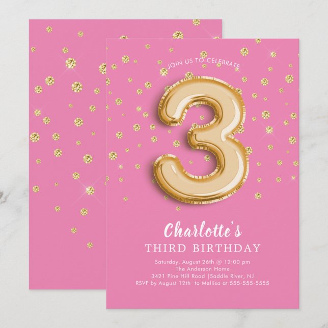 Foil Balloon Floral 3RD Birthday Invitation (Front/Back)