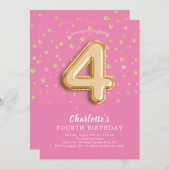 Foil Balloon Floral 4th Birthday Invitation (Front/Back)