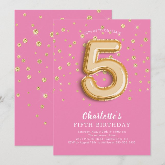 Foil Balloon Floral 5th Birthday Invitation (Front/Back)