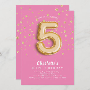 Foil Balloon Floral 5th Birthday Invitation