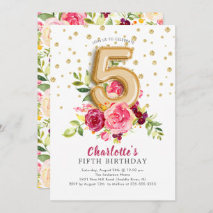 Foil Balloon Floral 5TH Birthday Invitation