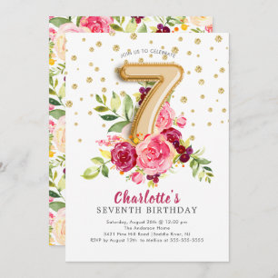 Foil Balloon Floral 7TH Birthday Invitation