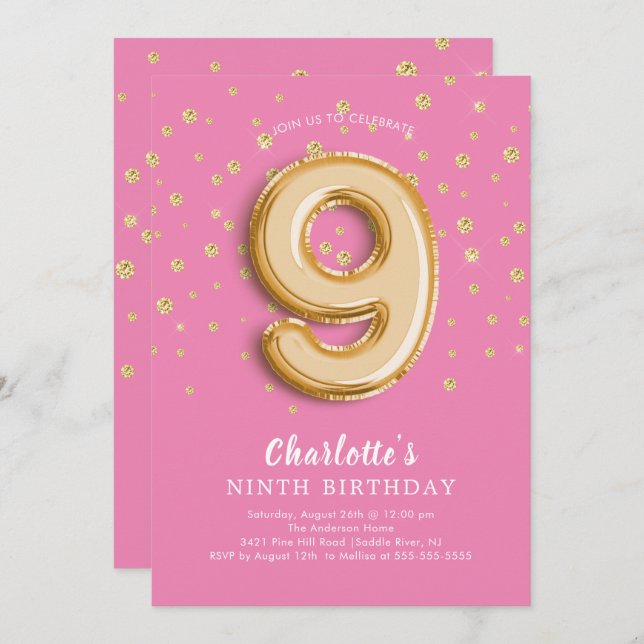 Foil Balloon Floral 9TH Birthday Invitation (Front/Back)