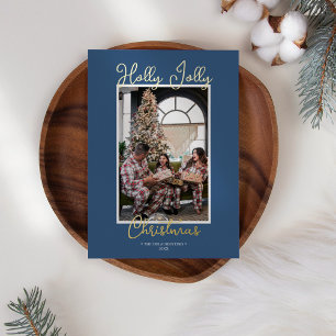 FOIL Blue Holly Jolly Christmas Family Photo Holiday Card