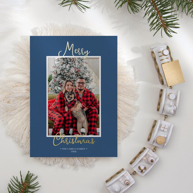 FOIL Blue Holly Jolly Merry Christmas One Photo Foil Holiday Card (Creator Uploaded)