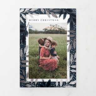 Foil Branches Merry Christmas 5 Photo Tri-Fold Holiday Card