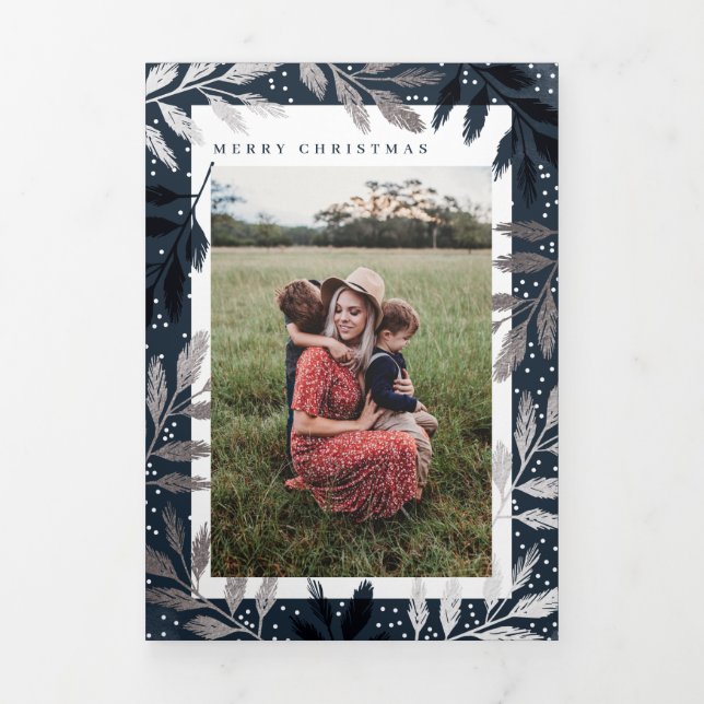 Foil Branches Merry Christmas 5 Photo Tri-Fold Holiday Card (Cover)