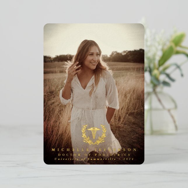 Foil Caduceus Med School Graduation Announcement (Standing Front)