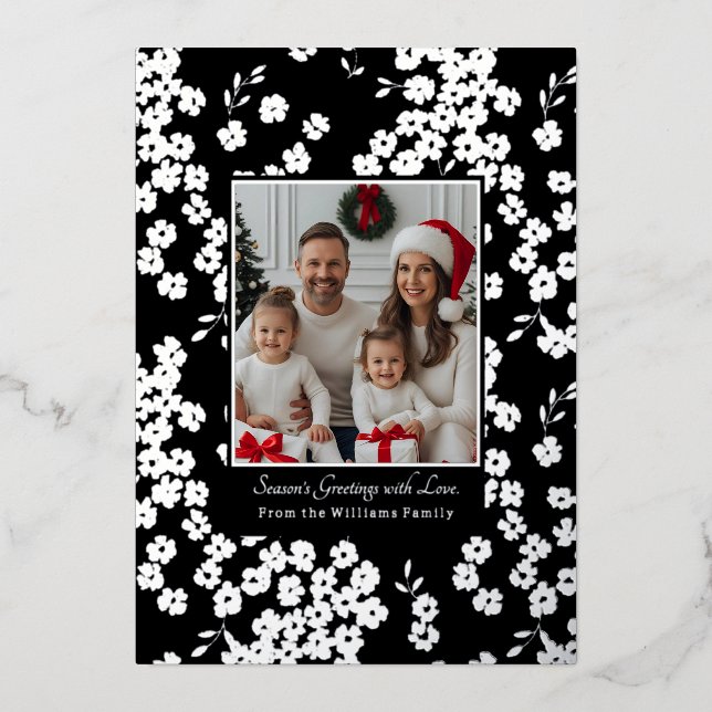 Foil Christmas Card Templates 2 Photo Floral Black (Front)