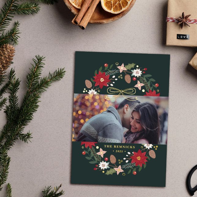 Foil Christmas Wreath Floral Holiday Photo Card (Creator Uploaded)