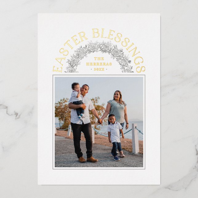 Foil Easter Blessings Wreath Arch Photo Card (Front)