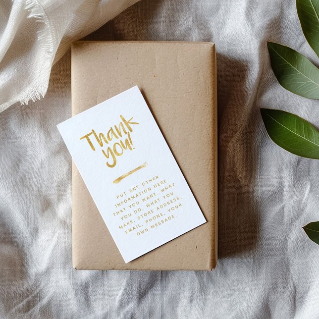 Foil effect thank you insert card social links ("Thank you!" in a fun script with a gold foil effect, all on a white background enclosure card)