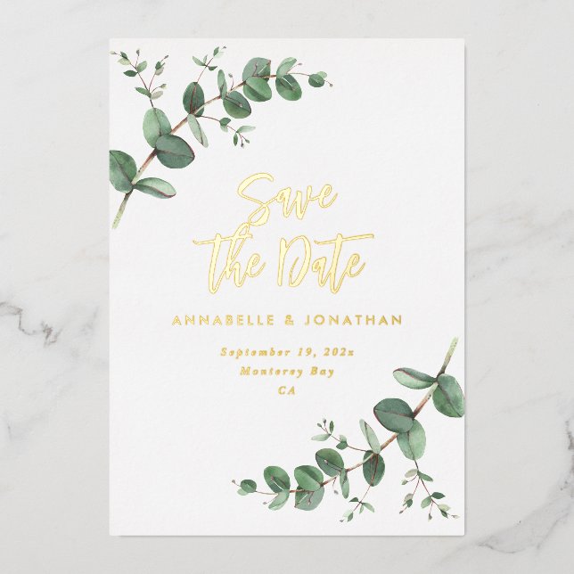 foil Eucalyptus modern wedding save the date (Front)