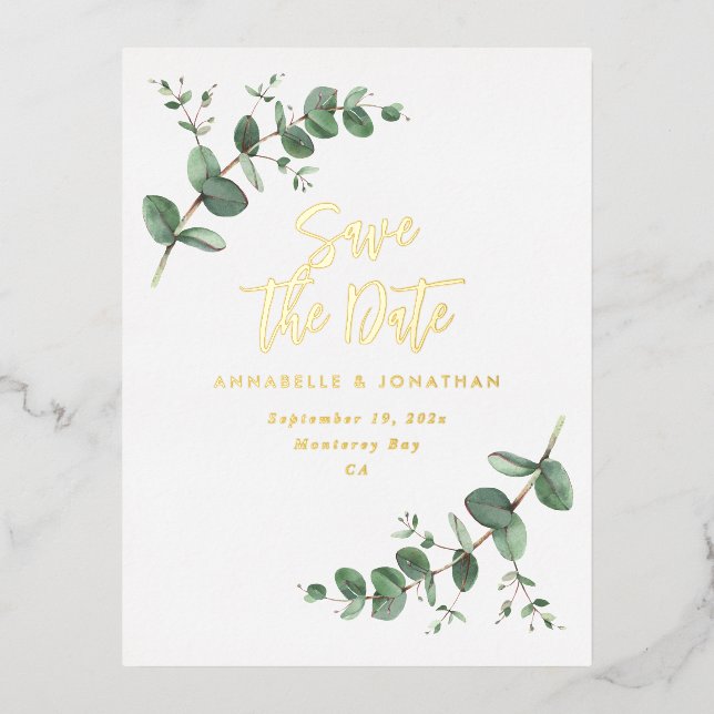 foil Eucalyptus modern wedding save the date  Foil Invitation Postcard (Front)