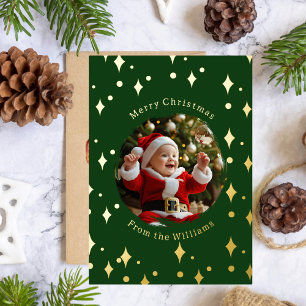 Foil First Christmas Card Two Photos Baby Green