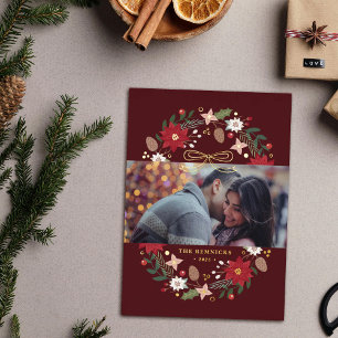 Foil Floral Christmas Wreath Holiday Photo Card