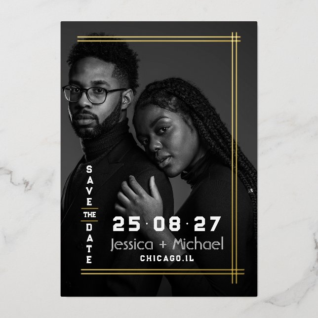 Foil Frame  Photo Wedding Save the Date Card (Front)