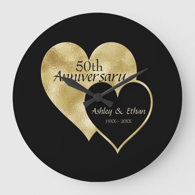 Foil Gold And Black Hearts Large Clock (Front)