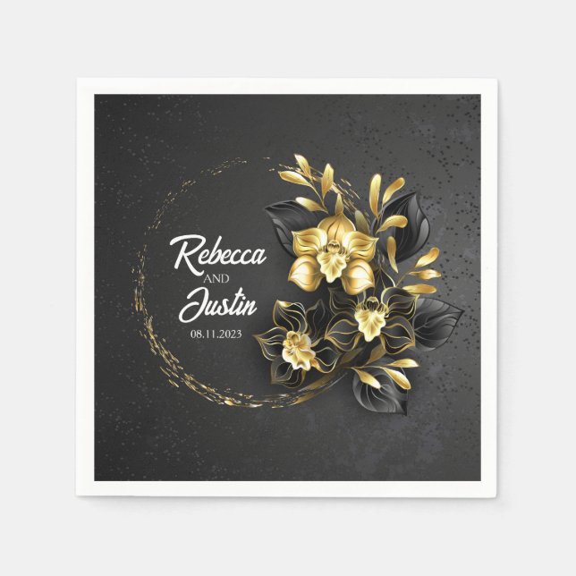 Foil Gold Black Orchids Modern Boho Napkin (Front)
