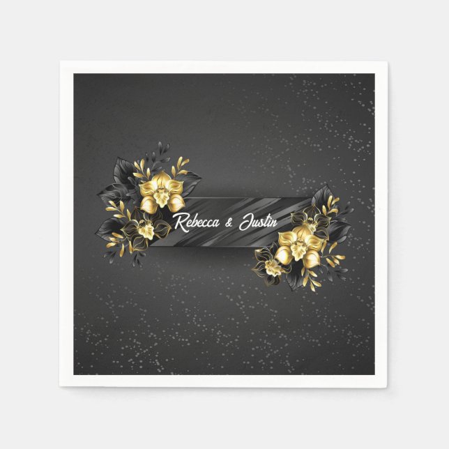 Foil Gold Black Orchids Modern Boho Napkin (Front)