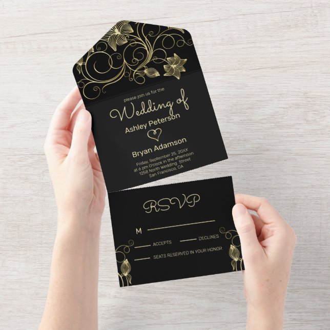 Foil Gold Flowers  Wedding Invitation (Tearaway)