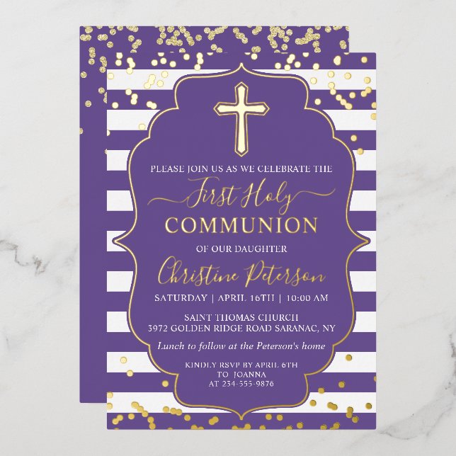 Foil Gold Lavender Purple Stripes First Communion (Front/Back)