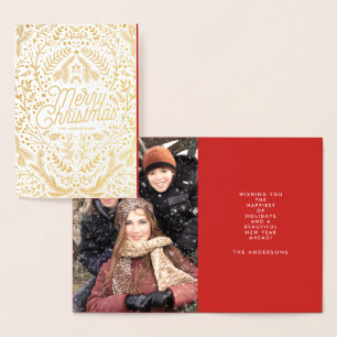 Foil Gold Woodland Christmas Photo Greeting Card