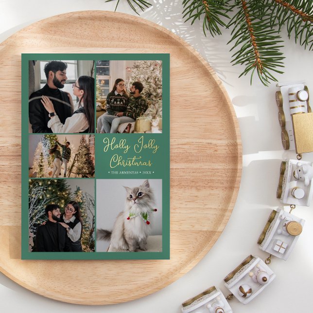 FOIL Green Holly Jolly Christmas Five Photo Foil Holiday Card (Creator Uploaded)