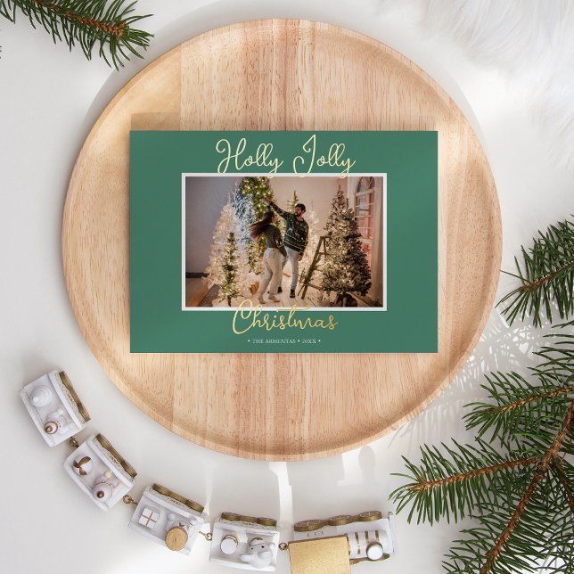FOIL Green Holly Jolly Christmas Photo and Letter Holiday Card (Creator Uploaded)