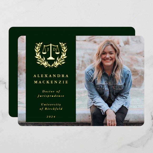 Foil/Green JD Law Scales Graduation Announcement (Front/Back)