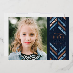 Foil Herringbone Band Holiday Photo Card - Blue
