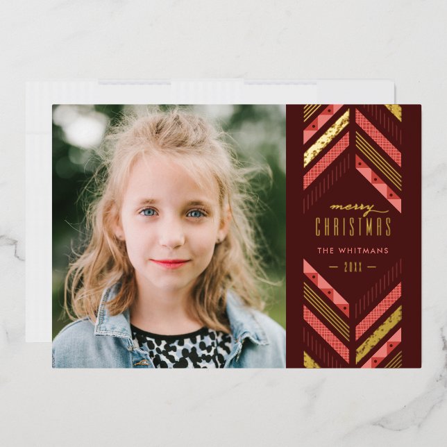 Foil Herringbone Band Holiday Photo Card - Red (Envelope)