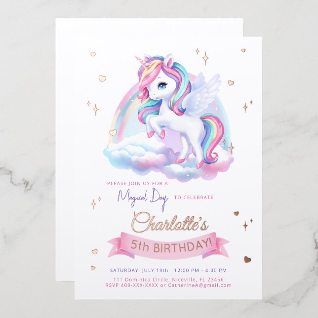 Foil Invitation Unicorn Birthday. (Front/Back)