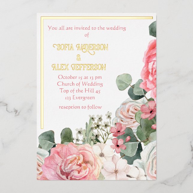 Foil Invitation with watercolor flowers (Front)