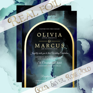 Foil Jade and Navy Blue Modern Fluid Ink